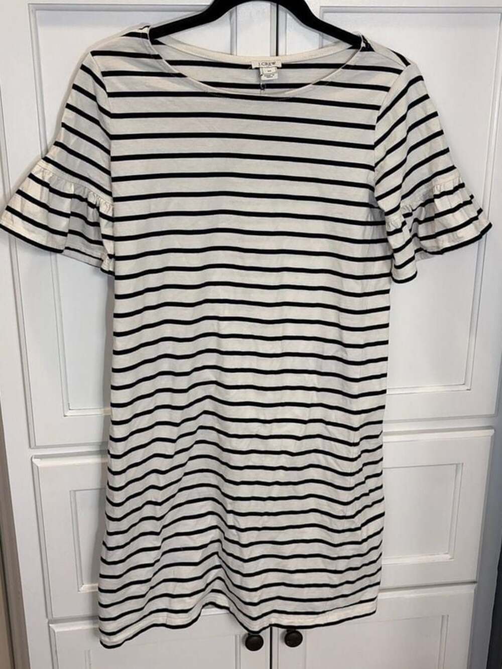 J.Crew Striped Nautical Black & White Ruffle Sleeve Knit Casual Shift Dress  XS